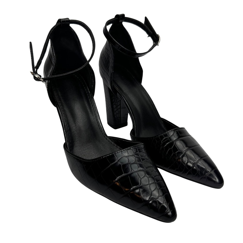 Black Vegan Leather Croc Embossed Sz9.5 Ankle Strap Pointed Toe Block Heel Pumps